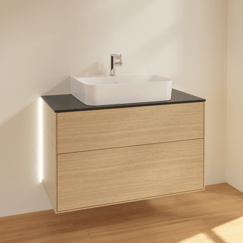 Bild von VILLEROY BOCH Finion Waschbeckenunterschrank, mit Beleuchtung, 2 Auszüge, 1000 x 603 x 501 mm, Oak Veneer / Glass Black Matt #G10200PC