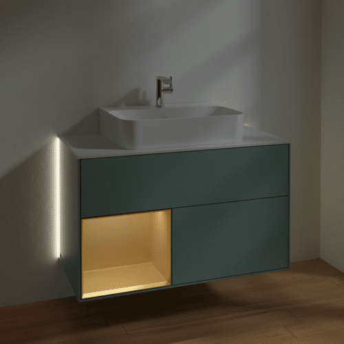 Bild von VILLEROY BOCH Finion Waschbeckenunterschrank, mit Beleuchtung, 2 Auszüge, 1000 x 603 x 501 mm, Olive Matt Lacquer / Gold Matt Lacquer / Glass White Matt #G111HFGM
