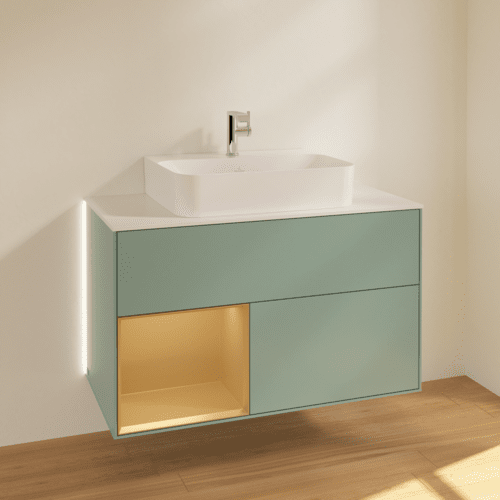 Bild von VILLEROY BOCH Finion Waschbeckenunterschrank, mit Beleuchtung, 2 Auszüge, 1000 x 603 x 501 mm, Olive Matt Lacquer / Gold Matt Lacquer / Glass White Matt #G111HFGM