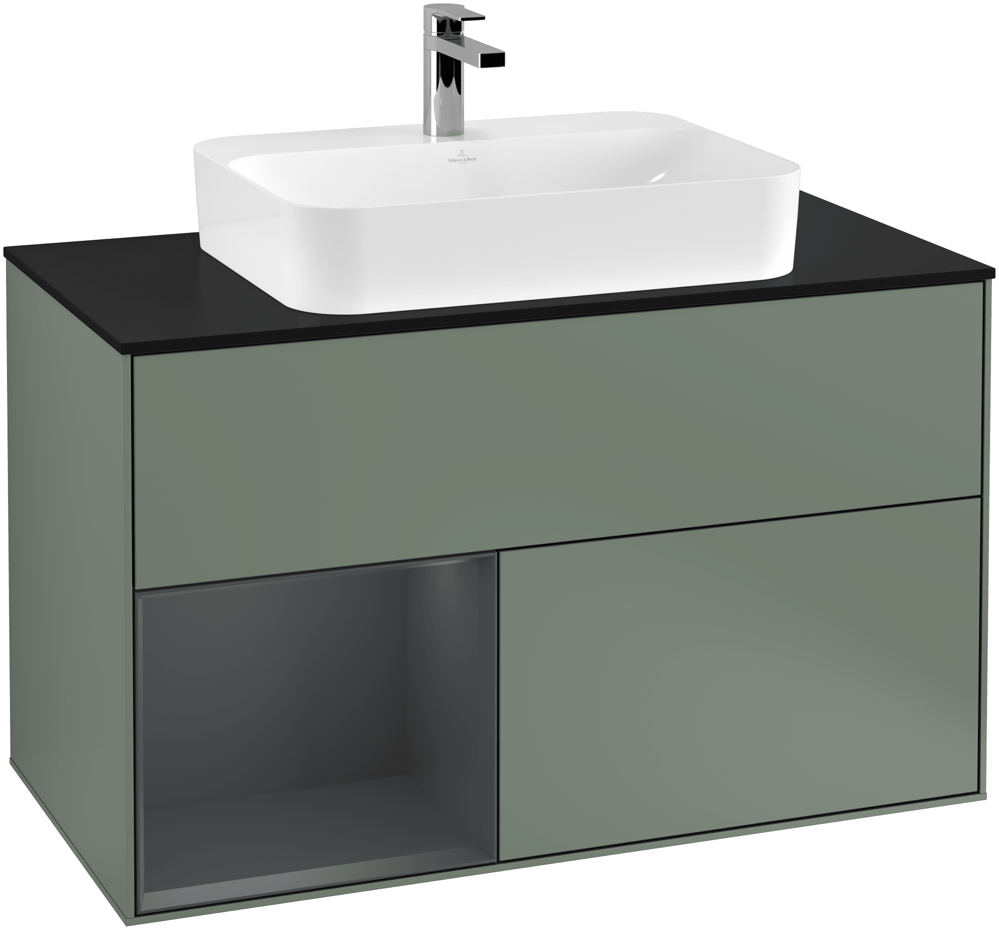 Picture of VILLEROY BOCH Finion Vanity unit, with lighting, 2 pull-out compartments, 1000 x 603 x 501 mm, Olive Matt Lacquer / Midnight Blue Matt Lacquer / Glass Black Matt #G362HGGM