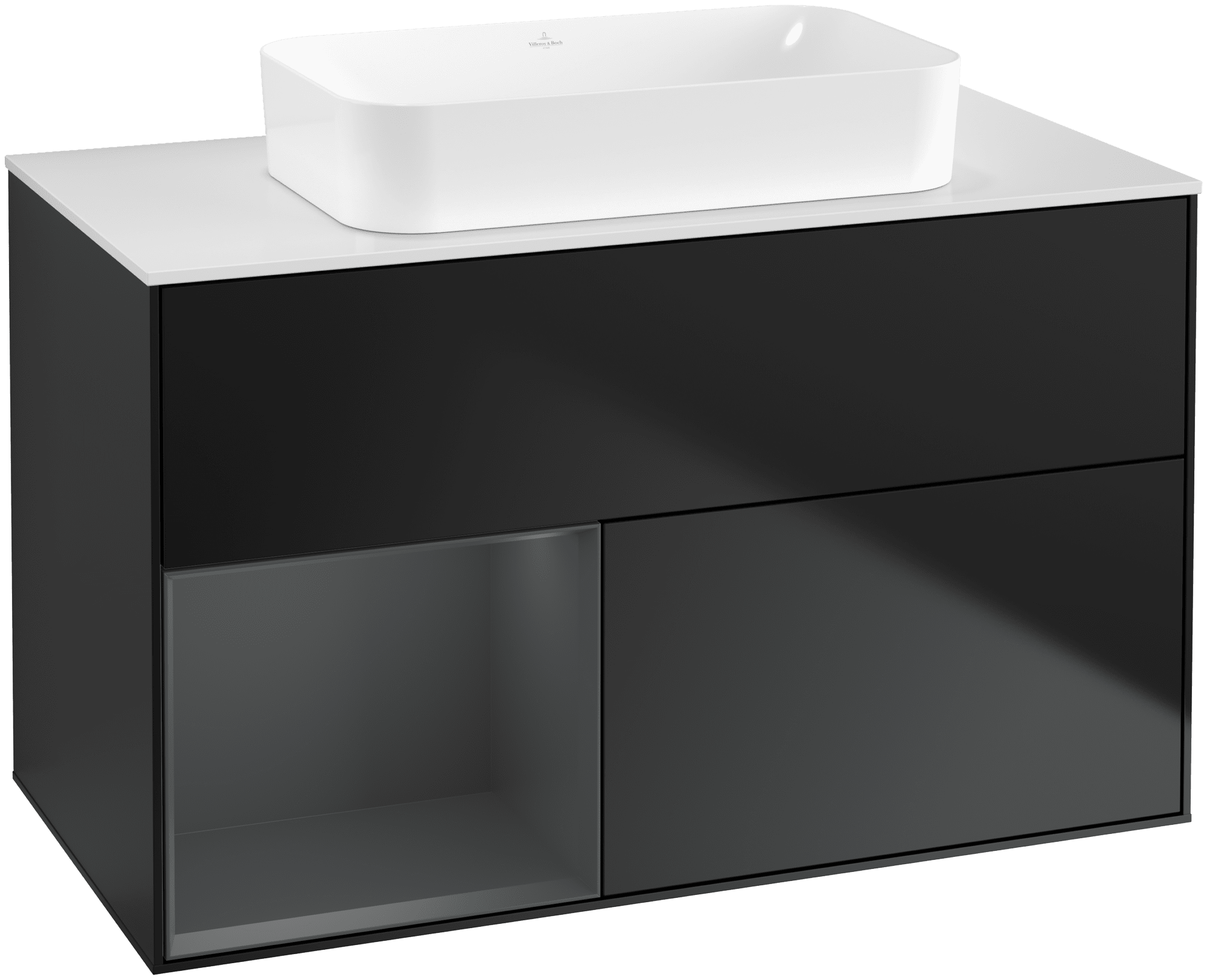 Picture of VILLEROY BOCH Finion Vanity unit, with lighting, 2 pull-out compartments, 1000 x 603 x 501 mm, Black Matt Lacquer / Midnight Blue Matt Lacquer / Glass White Matt #G651HGPD