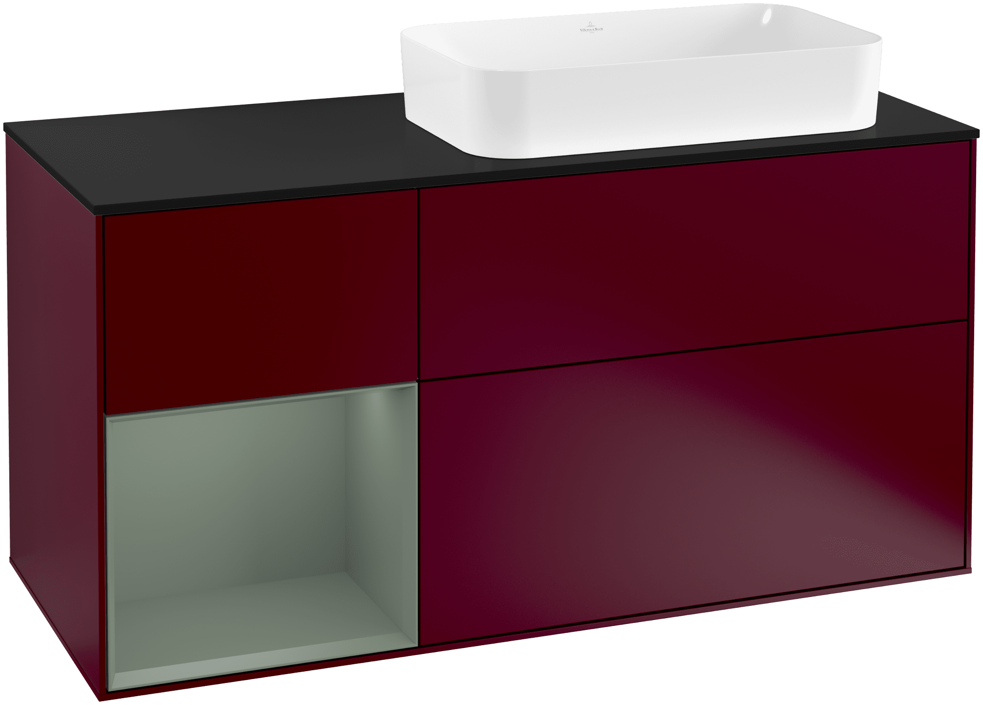 εικόνα του VILLEROY BOCH Finion Vanity unit, with lighting, 3 pull-out compartments, 1200 x 603 x 501 mm, Peony Matt Lacquer / Olive Matt Lacquer / Glass Black Matt #G272GMHB