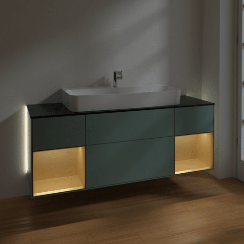 Bild von VILLEROY BOCH Finion Waschbeckenunterschrank, mit Beleuchtung, 4 Auszüge, 1600 x 603 x 501 mm, Olive Matt Lacquer / Gold Matt Lacquer / Glass Black Matt #G212HFGM