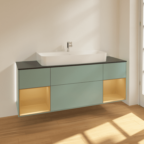 Bild von VILLEROY BOCH Finion Waschbeckenunterschrank, mit Beleuchtung, 4 Auszüge, 1600 x 603 x 501 mm, Olive Matt Lacquer / Gold Matt Lacquer / Glass Black Matt #G212HFGM