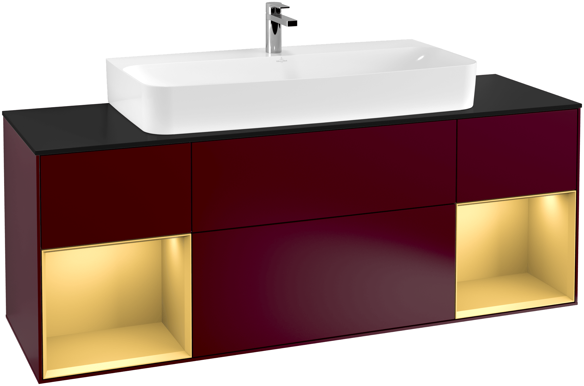 Picture of VILLEROY BOCH Finion Vanity unit, with lighting, 4 pull-out compartments, 1600 x 603 x 501 mm, Peony Matt Lacquer / Gold Matt Lacquer / Glass Black Matt #G212HFHB