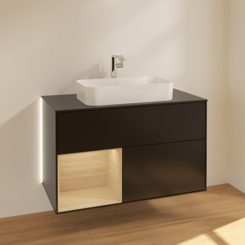 Picture of VILLEROY BOCH Finion Vanity unit, with lighting, 2 pull-out compartments, 1000 x 603 x 501 mm, Black Matt Lacquer / Oak Veneer / Glass Black Matt #G242PCPD