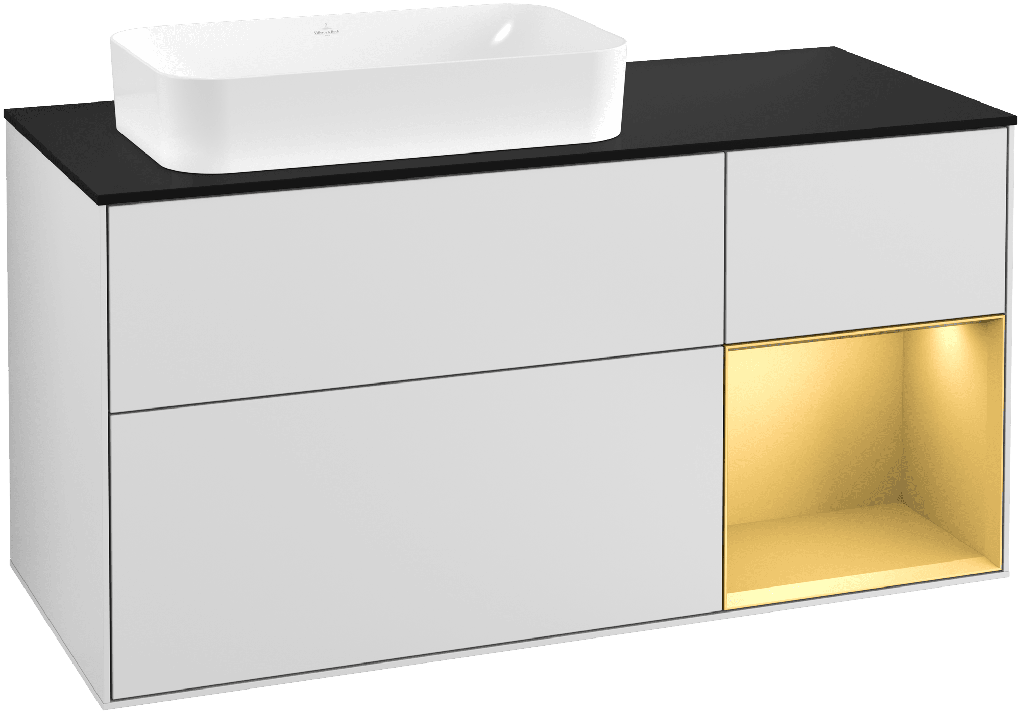 Bild von VILLEROY BOCH Finion Waschbeckenunterschrank, mit Beleuchtung, 3 Auszüge, 1200 x 603 x 501 mm, White Matt Lacquer / Gold Matt Lacquer / Glass Black Matt #G282HFMT