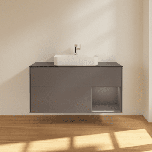 Bild von VILLEROY BOCH Finion Waschbeckenunterschrank, mit Beleuchtung, 3 Auszüge, 1200 x 603 x 501 mm, Anthracite Matt Lacquer / Anthracite Matt Lacquer / Glass Black Matt #G422GKGK