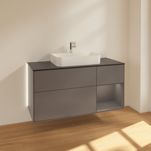 Bild von VILLEROY BOCH Finion Waschbeckenunterschrank, mit Beleuchtung, 3 Auszüge, 1200 x 603 x 501 mm, Anthracite Matt Lacquer / Anthracite Matt Lacquer / Glass Black Matt #G422GKGK