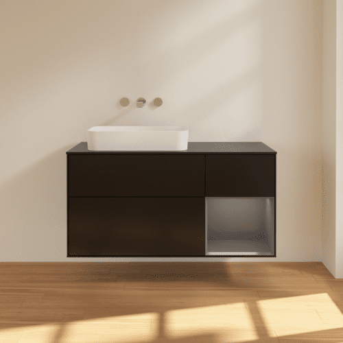 Bild von VILLEROY BOCH Finion Waschbeckenunterschrank, mit Beleuchtung, 3 Auszüge, 1200 x 603 x 501 mm, Black Matt Lacquer / Anthracite Matt Lacquer / Glass Black Matt #G692GKPD