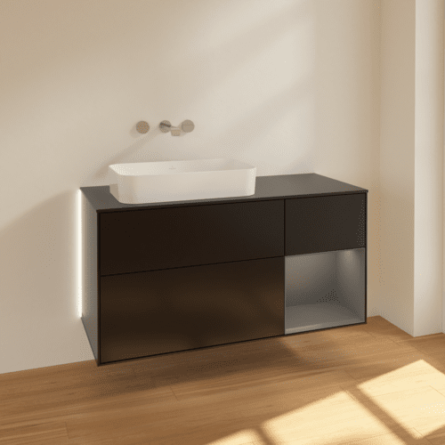 Bild von VILLEROY BOCH Finion Waschbeckenunterschrank, mit Beleuchtung, 3 Auszüge, 1200 x 603 x 501 mm, Black Matt Lacquer / Anthracite Matt Lacquer / Glass Black Matt #G692GKPD