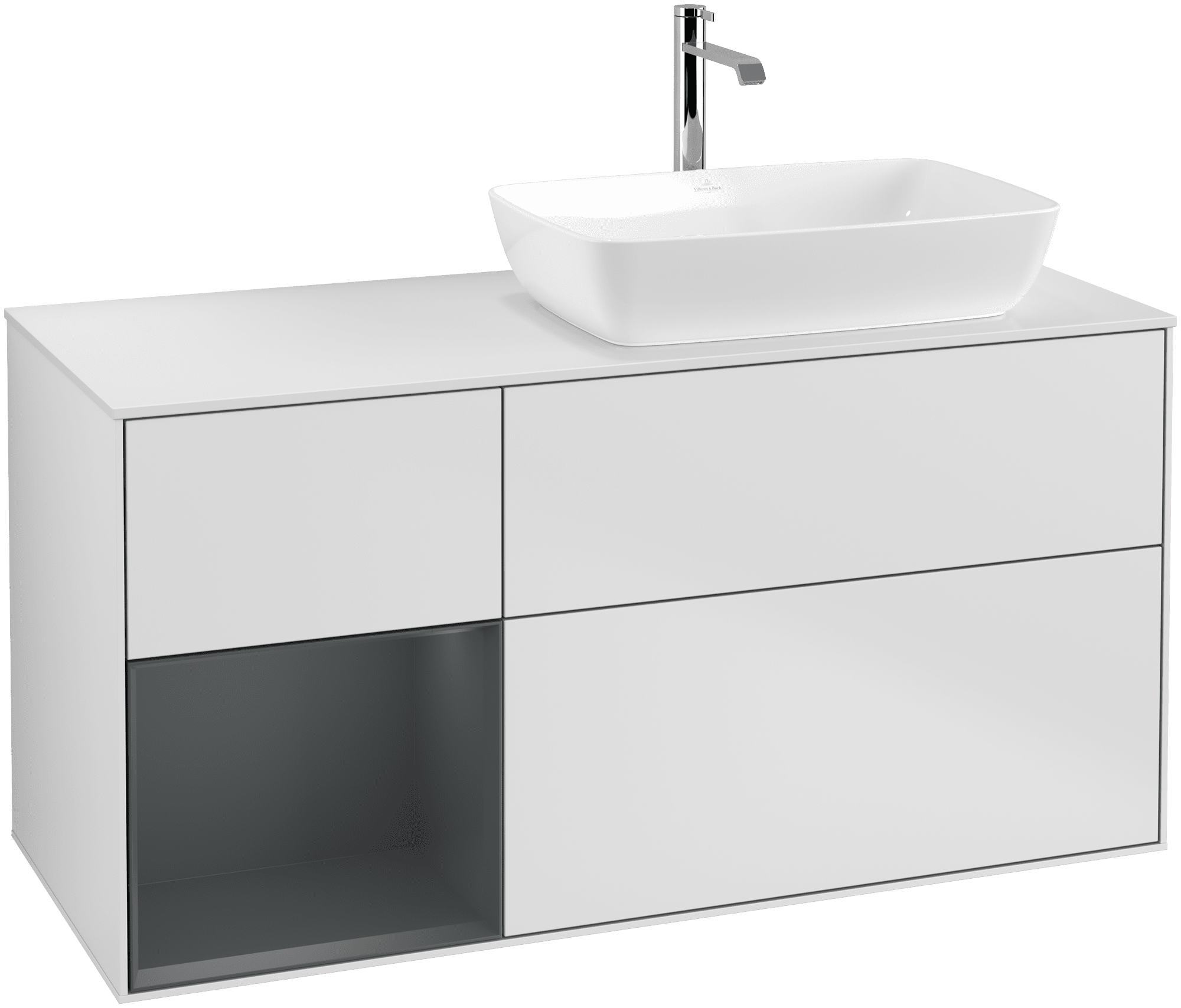 Picture of VILLEROY BOCH Finion Vanity unit, with lighting, 3 pull-out compartments, 1200 x 603 x 501 mm, White Matt Lacquer / Midnight Blue Matt Lacquer / Glass White Matt #G801HGMT