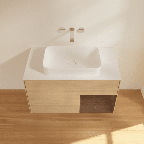 Bild von VILLEROY BOCH Finion Waschbeckenunterschrank, mit Beleuchtung, 2 Auszüge, 1000 x 603 x 501 mm, Oak Veneer / Walnut Veneer / Glass White Matt #G661GNPC