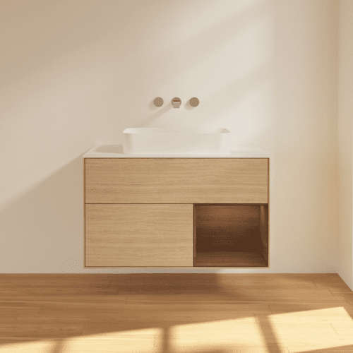 Bild von VILLEROY BOCH Finion Waschbeckenunterschrank, mit Beleuchtung, 2 Auszüge, 1000 x 603 x 501 mm, Oak Veneer / Walnut Veneer / Glass White Matt #G661GNPC