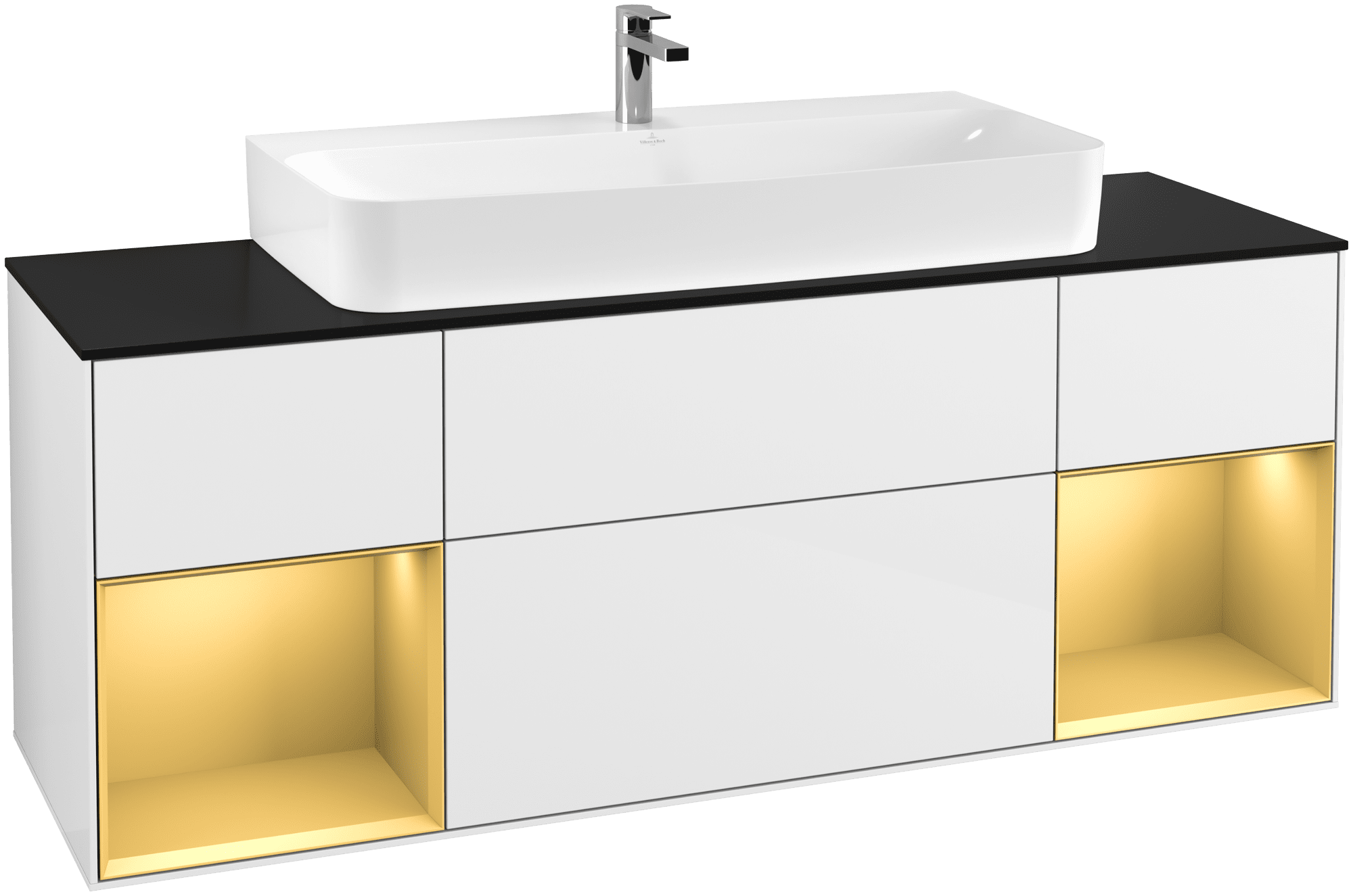 εικόνα του VILLEROY BOCH Finion Vanity unit, with lighting, 4 pull-out compartments, 1600 x 603 x 501 mm, Glossy White Lacquer / Gold Matt Lacquer / Glass Black Matt #G212HFGF