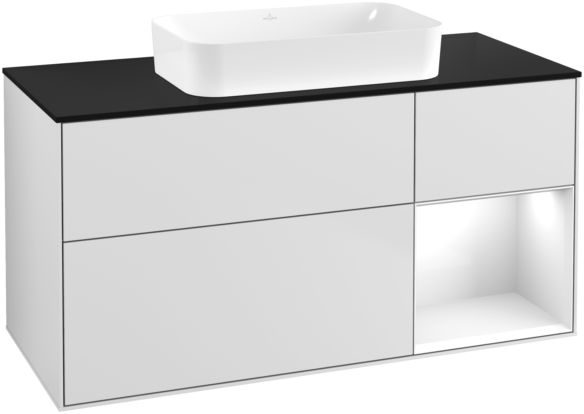 VILLEROY BOCH Finion Vanity unit, with lighting, 3 pull-out compartments, 1200 x 603 x 501 mm, White Matt Lacquer / Glossy White Lacquer / Glass Black Matt #G712GFMT resmi