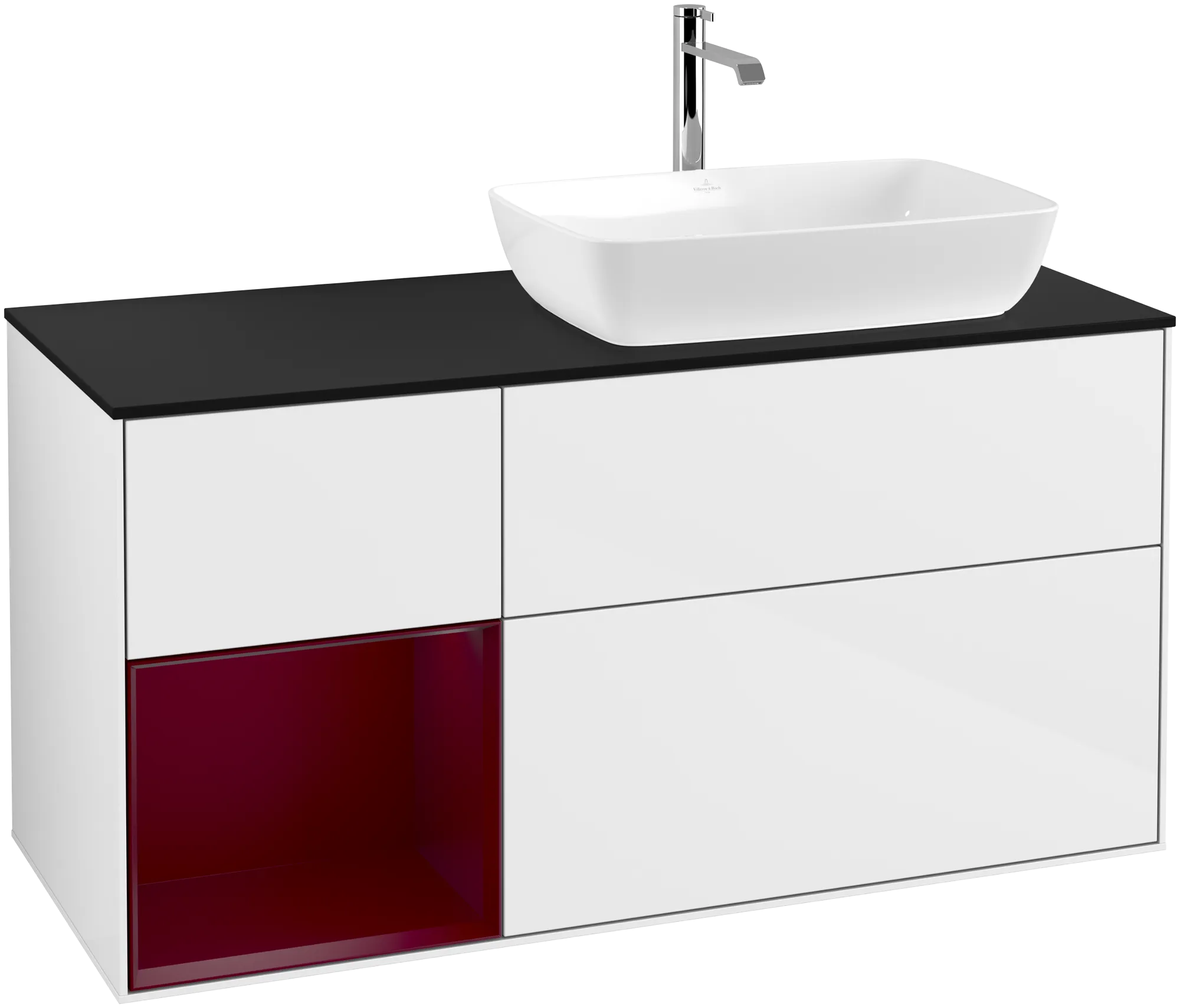 Obrázek VILLEROY BOCH Finion Vanity unit, with lighting, 3 pull-out compartments, 1200 x 603 x 501 mm, Glossy White Lacquer / Peony Matt Lacquer / Glass Black Matt #G802HBGF