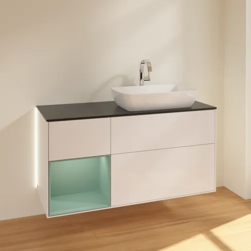 Bild von VILLEROY BOCH Finion Waschbeckenunterschrank, mit Beleuchtung, 3 Auszüge, 1200 x 603 x 501 mm, Glossy White Lacquer / Olive Matt Lacquer / Glass Black Matt #G802GMGF