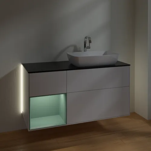 Bild von VILLEROY BOCH Finion Waschbeckenunterschrank, mit Beleuchtung, 3 Auszüge, 1200 x 603 x 501 mm, Glossy White Lacquer / Olive Matt Lacquer / Glass Black Matt #G802GMGF