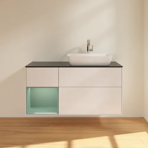 Bild von VILLEROY BOCH Finion Waschbeckenunterschrank, mit Beleuchtung, 3 Auszüge, 1200 x 603 x 501 mm, Glossy White Lacquer / Olive Matt Lacquer / Glass Black Matt #G802GMGF