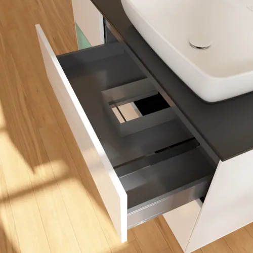 Bild von VILLEROY BOCH Finion Waschbeckenunterschrank, mit Beleuchtung, 3 Auszüge, 1200 x 603 x 501 mm, Glossy White Lacquer / Olive Matt Lacquer / Glass Black Matt #G802GMGF