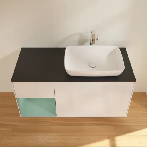 Bild von VILLEROY BOCH Finion Waschbeckenunterschrank, mit Beleuchtung, 3 Auszüge, 1200 x 603 x 501 mm, Glossy White Lacquer / Olive Matt Lacquer / Glass Black Matt #G802GMGF