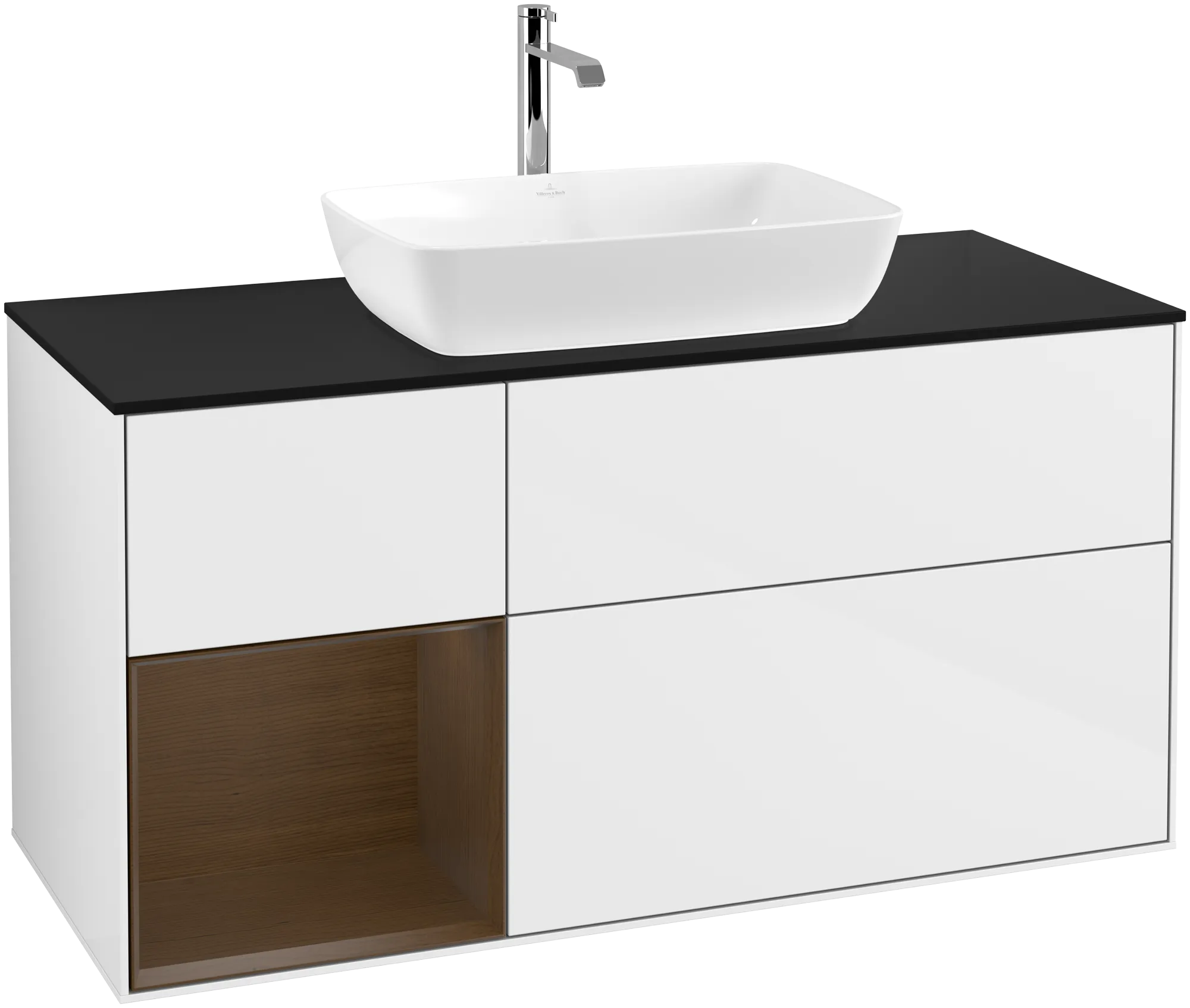 Obrázek VILLEROY BOCH Finion Vanity unit, with lighting, 3 pull-out compartments, 1200 x 603 x 501 mm, Glossy White Lacquer / Walnut Veneer / Glass Black Matt #G822GNGF