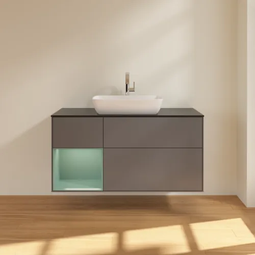 Bild von VILLEROY BOCH Finion Waschbeckenunterschrank, mit Beleuchtung, 3 Auszüge, 1200 x 603 x 501 mm, Anthracite Matt Lacquer / Olive Matt Lacquer / Glass Black Matt #G822GMGK