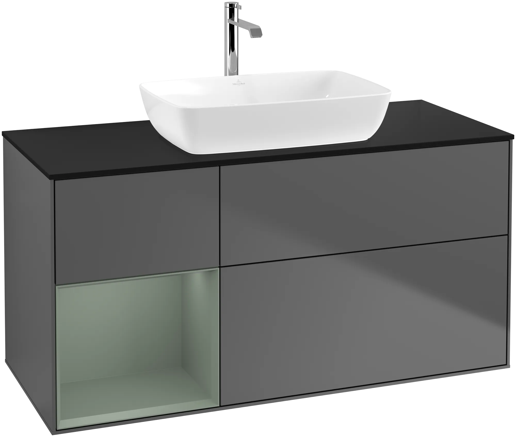 VILLEROY BOCH Finion Vanity unit, with lighting, 3 pull-out compartments, 1200 x 603 x 501 mm, Anthracite Matt Lacquer / Olive Matt Lacquer / Glass Black Matt #G822GMGK resmi