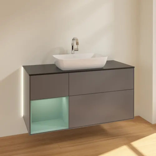 Bild von VILLEROY BOCH Finion Waschbeckenunterschrank, mit Beleuchtung, 3 Auszüge, 1200 x 603 x 501 mm, Anthracite Matt Lacquer / Olive Matt Lacquer / Glass Black Matt #G822GMGK