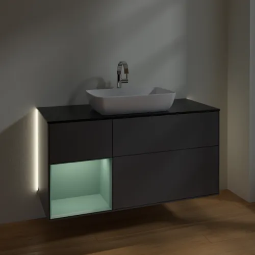 Bild von VILLEROY BOCH Finion Waschbeckenunterschrank, mit Beleuchtung, 3 Auszüge, 1200 x 603 x 501 mm, Anthracite Matt Lacquer / Olive Matt Lacquer / Glass Black Matt #G822GMGK