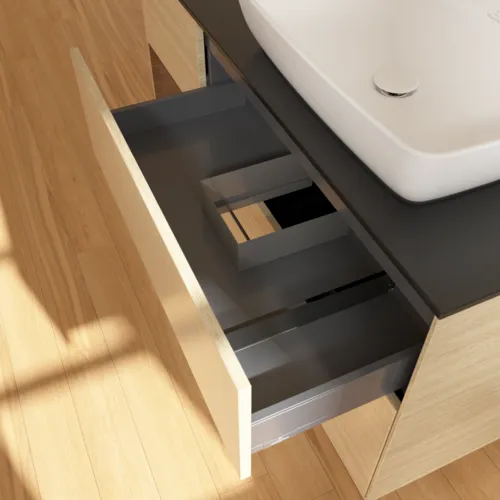 Bild von VILLEROY BOCH Finion Waschbeckenunterschrank, mit Beleuchtung, 3 Auszüge, 1200 x 603 x 501 mm, Oak Veneer / Walnut Veneer / Glass Black Matt #G802GNPC