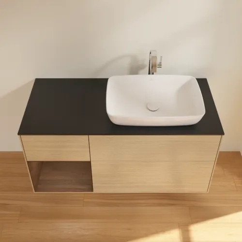 Bild von VILLEROY BOCH Finion Waschbeckenunterschrank, mit Beleuchtung, 3 Auszüge, 1200 x 603 x 501 mm, Oak Veneer / Walnut Veneer / Glass Black Matt #G802GNPC