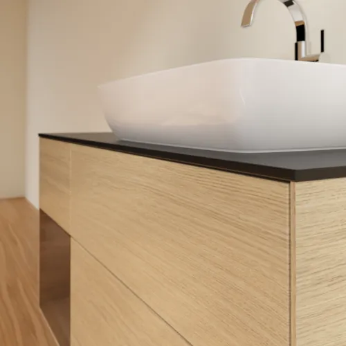 Bild von VILLEROY BOCH Finion Waschbeckenunterschrank, mit Beleuchtung, 3 Auszüge, 1200 x 603 x 501 mm, Oak Veneer / Walnut Veneer / Glass Black Matt #G802GNPC