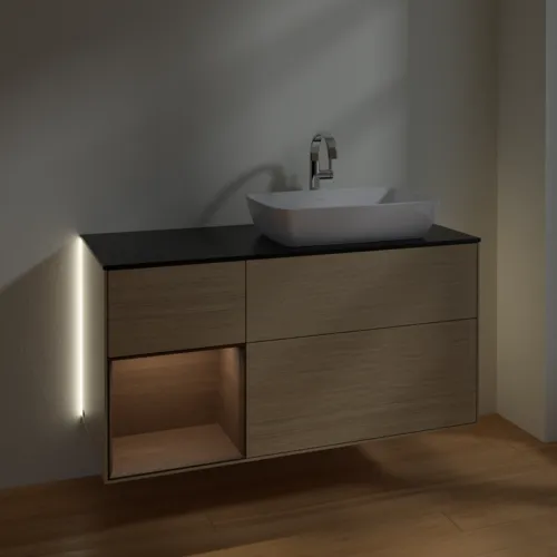 Bild von VILLEROY BOCH Finion Waschbeckenunterschrank, mit Beleuchtung, 3 Auszüge, 1200 x 603 x 501 mm, Oak Veneer / Walnut Veneer / Glass Black Matt #G802GNPC