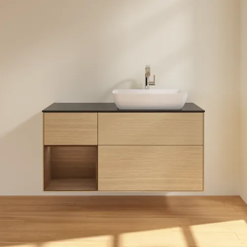 Bild von VILLEROY BOCH Finion Waschbeckenunterschrank, mit Beleuchtung, 3 Auszüge, 1200 x 603 x 501 mm, Oak Veneer / Walnut Veneer / Glass Black Matt #G802GNPC