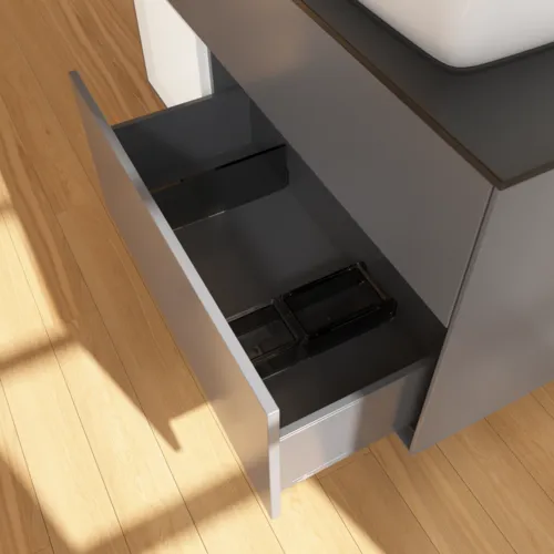 Bild von VILLEROY BOCH Finion Waschbeckenunterschrank, mit Beleuchtung, 3 Auszüge, 1200 x 603 x 501 mm, Anthracite Matt Lacquer / White Matt Lacquer / Glass Black Matt #G802MTGK