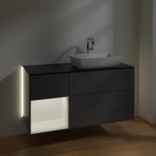Bild von VILLEROY BOCH Finion Waschbeckenunterschrank, mit Beleuchtung, 3 Auszüge, 1200 x 603 x 501 mm, Anthracite Matt Lacquer / White Matt Lacquer / Glass Black Matt #G802MTGK