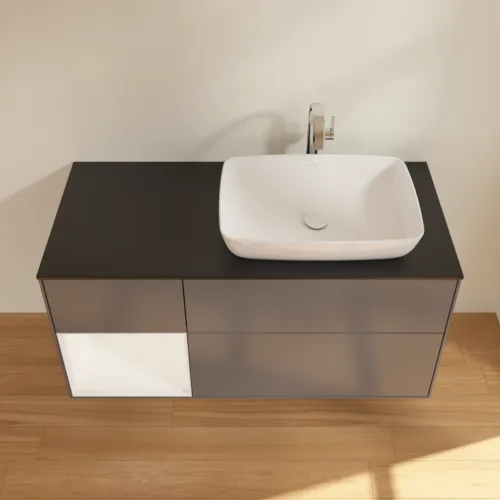 Bild von VILLEROY BOCH Finion Waschbeckenunterschrank, mit Beleuchtung, 3 Auszüge, 1200 x 603 x 501 mm, Anthracite Matt Lacquer / White Matt Lacquer / Glass Black Matt #G802MTGK