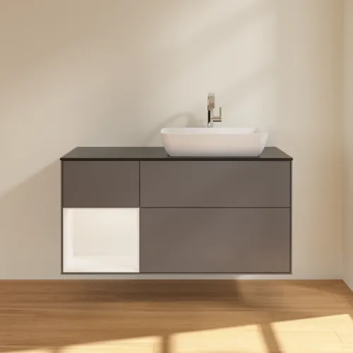 Bild von VILLEROY BOCH Finion Waschbeckenunterschrank, mit Beleuchtung, 3 Auszüge, 1200 x 603 x 501 mm, Anthracite Matt Lacquer / White Matt Lacquer / Glass Black Matt #G802MTGK