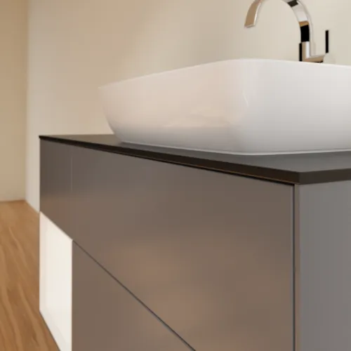 Bild von VILLEROY BOCH Finion Waschbeckenunterschrank, mit Beleuchtung, 3 Auszüge, 1200 x 603 x 501 mm, Anthracite Matt Lacquer / White Matt Lacquer / Glass Black Matt #G802MTGK