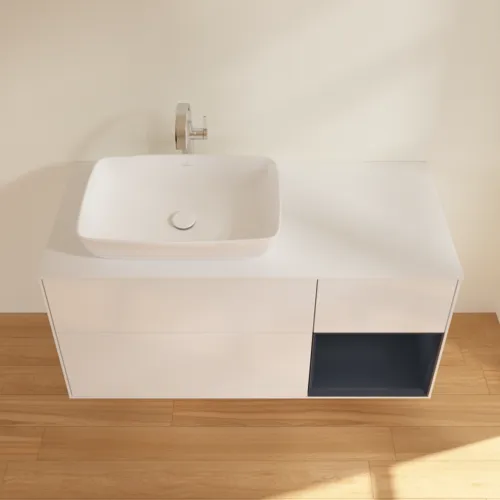 Bild von VILLEROY BOCH Finion Waschbeckenunterschrank, mit Beleuchtung, 3 Auszüge, 1200 x 603 x 501 mm, Glossy White Lacquer / Midnight Blue Matt Lacquer / Glass White Matt #G811HGGF