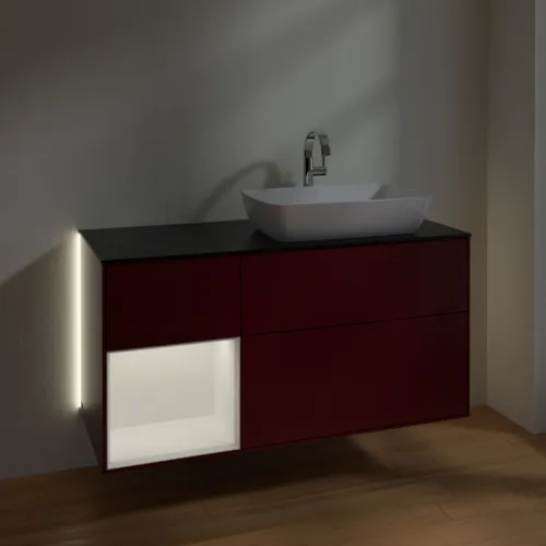 Bild von VILLEROY BOCH Finion Waschbeckenunterschrank, mit Beleuchtung, 3 Auszüge, 1200 x 603 x 501 mm, Peony Matt Lacquer / White Matt Lacquer / Glass Black Matt #G802MTHB