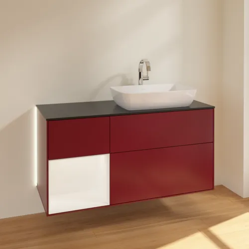 Bild von VILLEROY BOCH Finion Waschbeckenunterschrank, mit Beleuchtung, 3 Auszüge, 1200 x 603 x 501 mm, Peony Matt Lacquer / White Matt Lacquer / Glass Black Matt #G802MTHB