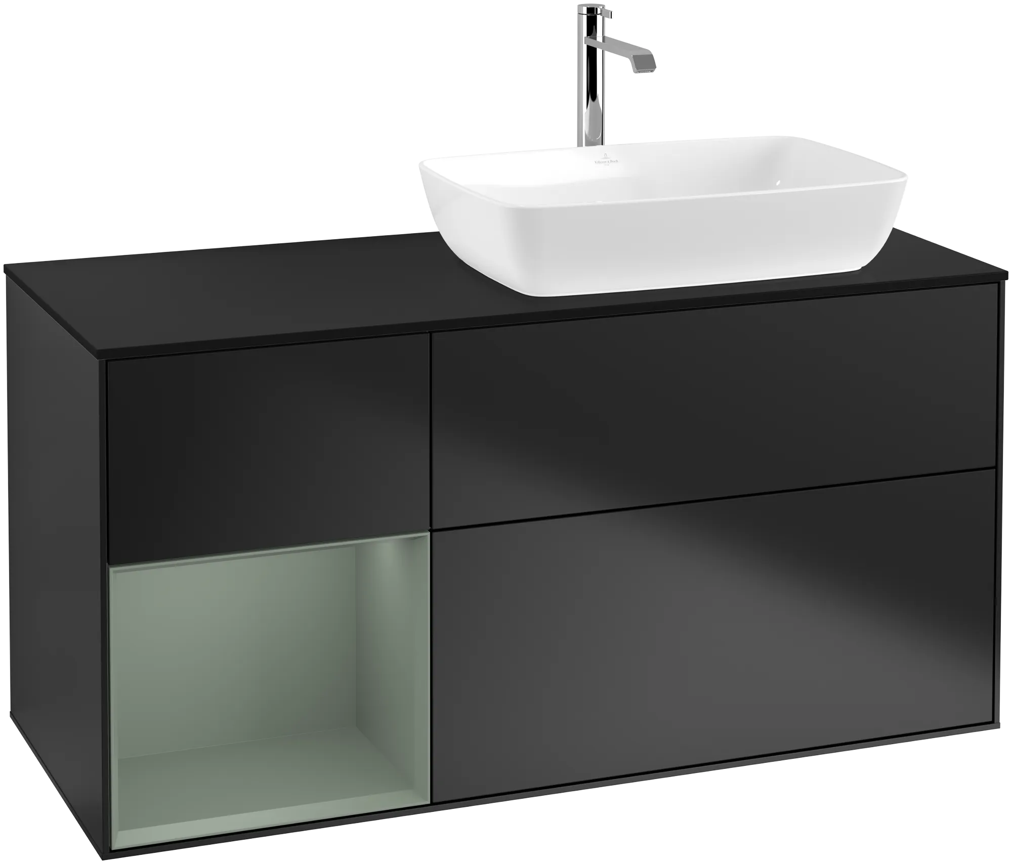 Obrázek VILLEROY BOCH Finion Vanity unit, with lighting, 3 pull-out compartments, 1200 x 603 x 501 mm, Black Matt Lacquer / Olive Matt Lacquer / Glass Black Matt #G802GMPD