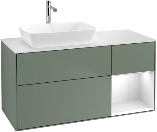 Obrázek VILLEROY BOCH Finion Vanity unit, with lighting, 3 pull-out compartments, 1200 x 603 x 501 mm, Olive Matt Lacquer / Glossy White Lacquer / Glass White Matt #G811GFGM