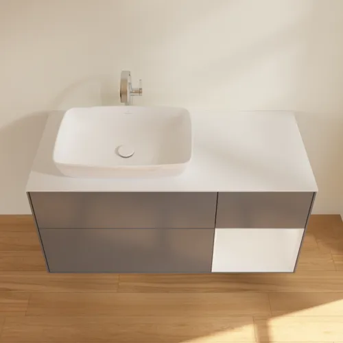 Bild von VILLEROY BOCH Finion Waschbeckenunterschrank, mit Beleuchtung, 3 Auszüge, 1200 x 603 x 501 mm, Anthracite Matt Lacquer / Glossy White Lacquer / Glass White Matt #G811GFGK
