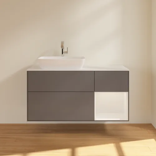 Bild von VILLEROY BOCH Finion Waschbeckenunterschrank, mit Beleuchtung, 3 Auszüge, 1200 x 603 x 501 mm, Anthracite Matt Lacquer / Glossy White Lacquer / Glass White Matt #G811GFGK