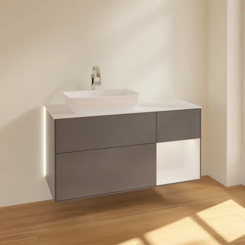 Bild von VILLEROY BOCH Finion Waschbeckenunterschrank, mit Beleuchtung, 3 Auszüge, 1200 x 603 x 501 mm, Anthracite Matt Lacquer / Glossy White Lacquer / Glass White Matt #G811GFGK