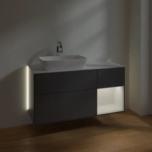 Bild von VILLEROY BOCH Finion Waschbeckenunterschrank, mit Beleuchtung, 3 Auszüge, 1200 x 603 x 501 mm, Anthracite Matt Lacquer / Glossy White Lacquer / Glass White Matt #G811GFGK